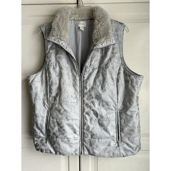 Chicos Puffer Vest Womens Large‎ 3 Silver Zip Up - Picture 1 of 9